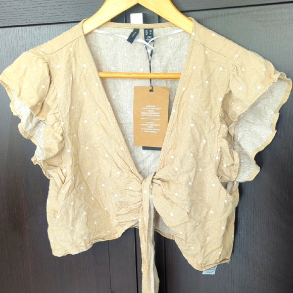 Vero Moda Tan Flutter Sleeve Tie Front Linen Blouse - XL NWT - Picture 2 of 5